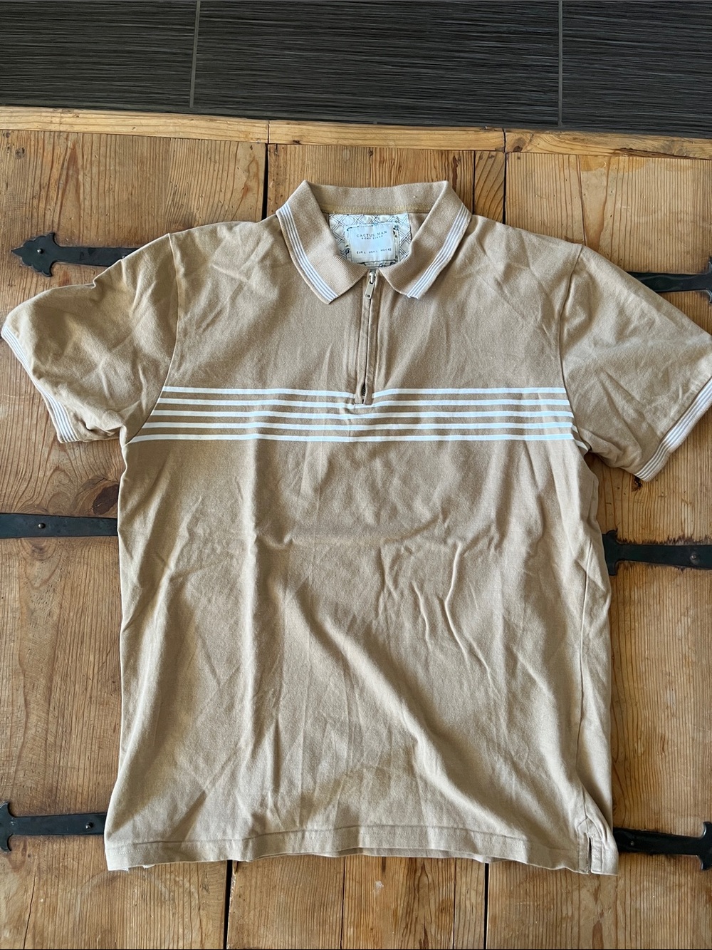 Men's Tan Polo with White Chest Stripes and Zip Placket